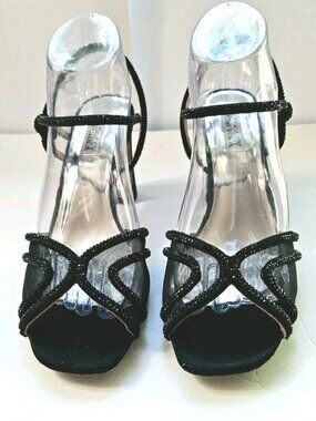 Badgely Mischka Hey Black Embellished Crystal Satin Block Heel Sandal Size 9.5